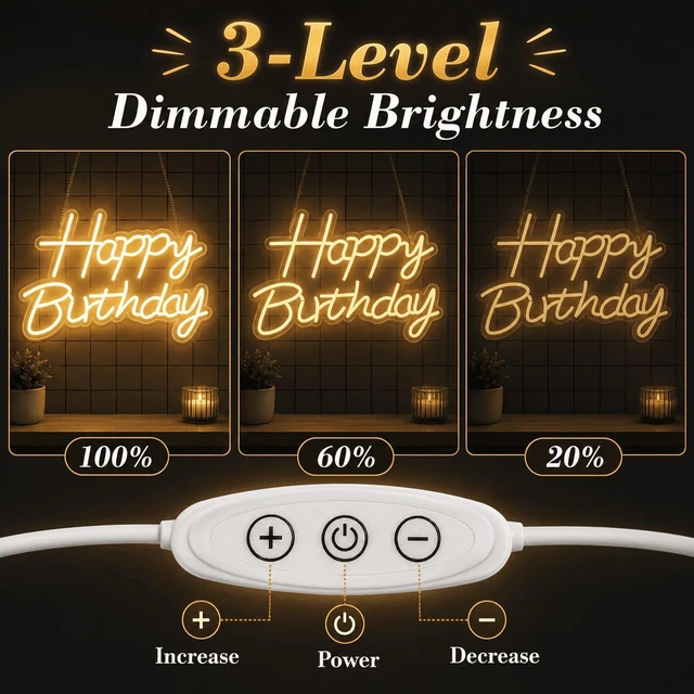 Alt view image 2 of 7 - C Happy Birthday Neon Sign for Backdrop, LED Happy Birthday Light Up Sign, USB Powered Dimmable Neon Light for Birthday Party Decorations, Wall Decor, Warm White, 16.5 x 12 inch