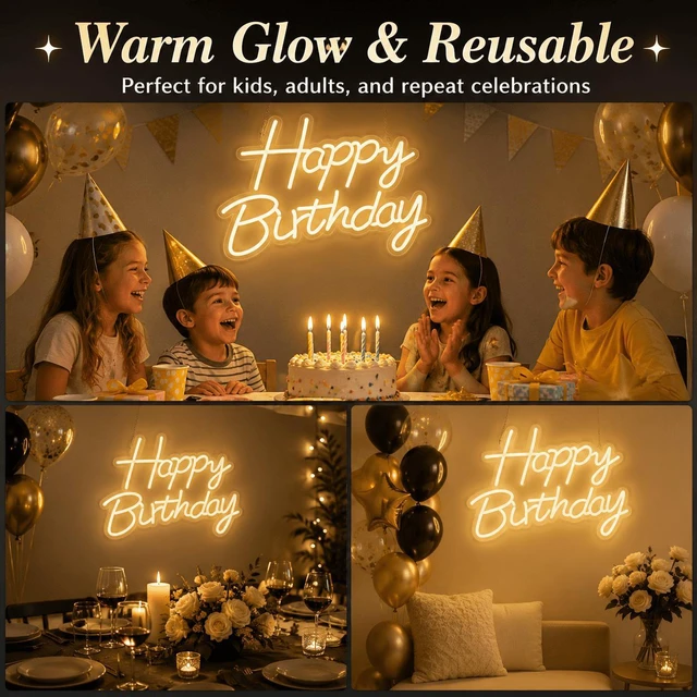 Alt view image 4 of 7 - C Happy Birthday Neon Sign for Backdrop, LED Happy Birthday Light Up Sign, USB Powered Dimmable Neon Light for Birthday Party Decorations, Wall Decor, Warm White, 16.5 x 12 inch