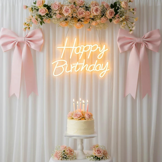 Alt view image 7 of 7 - C Happy Birthday Neon Sign for Backdrop, LED Happy Birthday Light Up Sign, USB Powered Dimmable Neon Light for Birthday Party Decorations, Wall Decor, Warm White, 16.5 x 12 inch