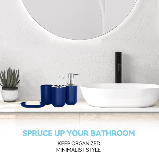 Alt view image 2 of 7 - CozyNF Bathroom Accessories Set 4 PCS, Blue Bathroom Accessories Plastic Soap Dispenser and Toothbrush Holder Set Soap Dish and Mouthwash Cup Boho Bathroom Decor Bathroom Set Blue