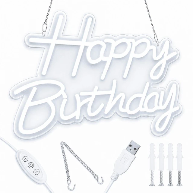 Main image of C Happy Birthday Neon Sign for Backdrop, LED Happy Birthday Light Up Sign, USB Powered Dimmable Neon Light for Birthday Party Decorations, Wall Decor, White, 16.5 x 12 inch