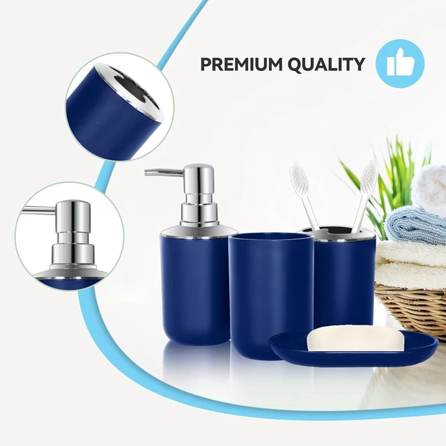 Alt view image 6 of 7 - CozyNF Bathroom Accessories Set 4 PCS, Blue Bathroom Accessories Plastic Soap Dispenser and Toothbrush Holder Set Soap Dish and Mouthwash Cup Boho Bathroom Decor Bathroom Set Blue