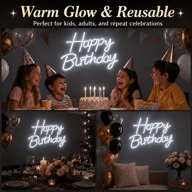 Alt view image 5 of 7 - C Happy Birthday Neon Sign for Backdrop, LED Happy Birthday Light Up Sign, USB Powered Dimmable Neon Light for Birthday Party Decorations, Wall Decor, White, 16.5 x 12 inch