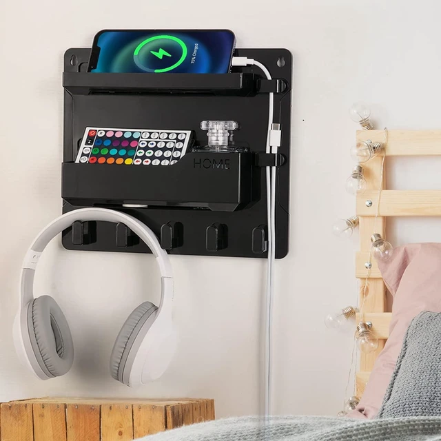 Main image of Bedside Wall Mount Shelf, Adhesive Bedside Organizer for RemotePhoneGlasses. Bedside Accessories Storage suitable for College Dorm bunk bed BedroomRvBlack