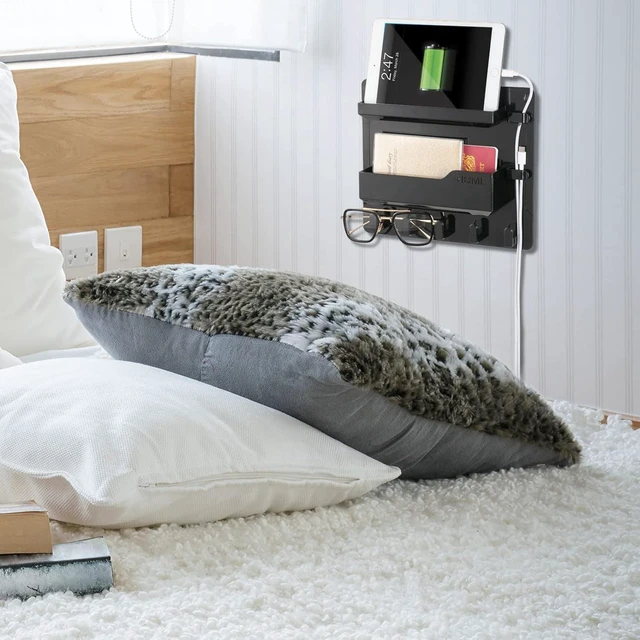 Alt view image 5 of 7 - Bedside Wall Mount Shelf, Adhesive Bedside Organizer for RemotePhoneGlasses. Bedside Accessories Storage suitable for College Dorm bunk bed BedroomRvBlack