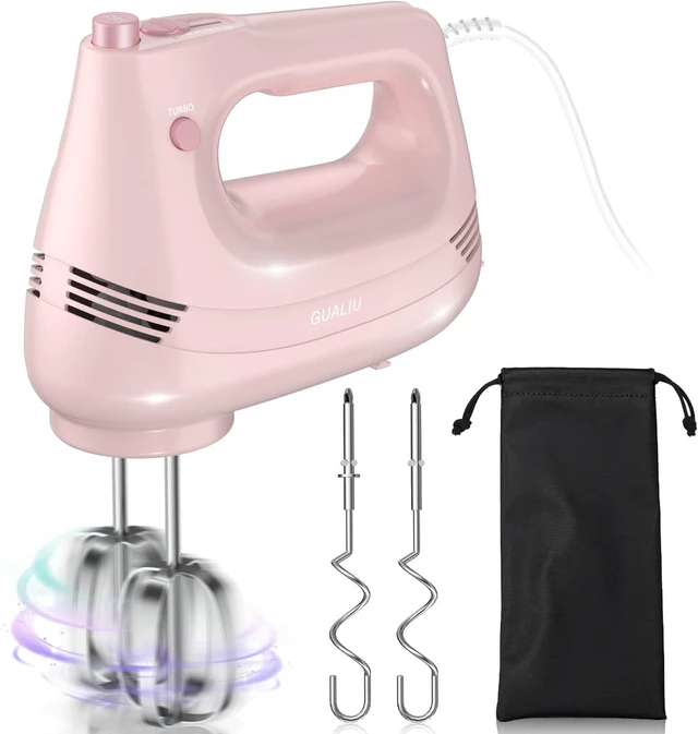 Main image of Electric Hand Mixer with Stainless Steel Whisk, Dough Hook Attachment and Storage Bag, Handheld Mixer for Baking Cakes, Eggs, Cream Food Mixers. Turbo Boost /5 Speed Kitchen Blender PINK