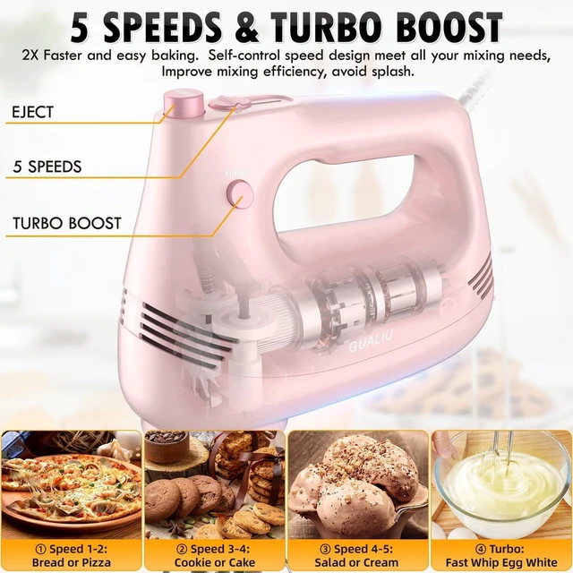 Alt view image 4 of 7 - Electric Hand Mixer with Stainless Steel Whisk, Dough Hook Attachment and Storage Bag, Handheld Mixer for Baking Cakes, Eggs, Cream Food Mixers. Turbo Boost /5 Speed Kitchen Blender PINK