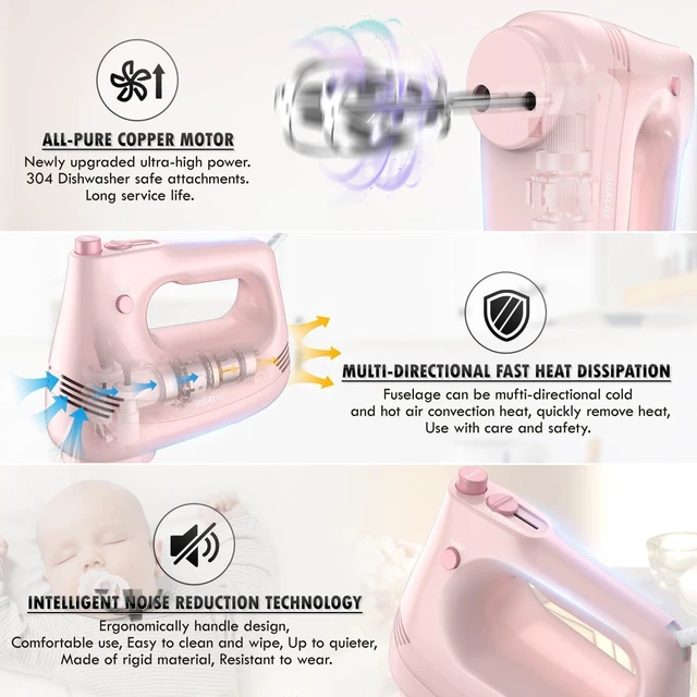 Alt view image 3 of 7 - Electric Hand Mixer with Stainless Steel Whisk, Dough Hook Attachment and Storage Bag, Handheld Mixer for Baking Cakes, Eggs, Cream Food Mixers. Turbo Boost /5 Speed Kitchen Blender PINK