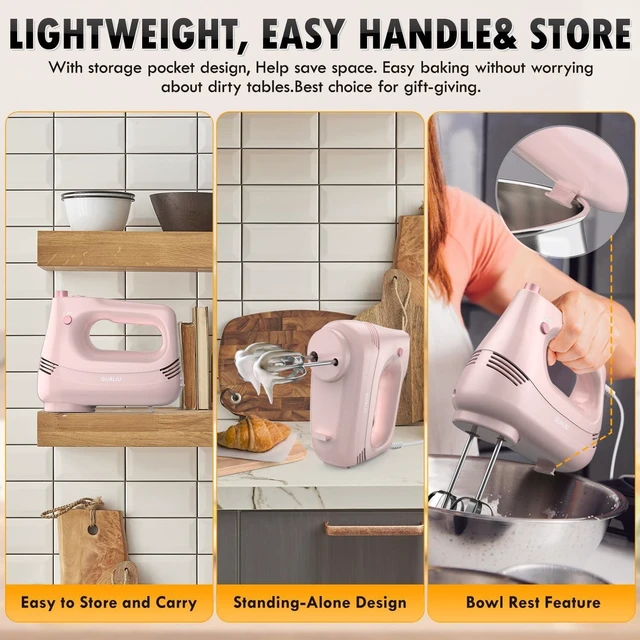 Alt view image 5 of 7 - Electric Hand Mixer with Stainless Steel Whisk, Dough Hook Attachment and Storage Bag, Handheld Mixer for Baking Cakes, Eggs, Cream Food Mixers. Turbo Boost /5 Speed Kitchen Blender PINK