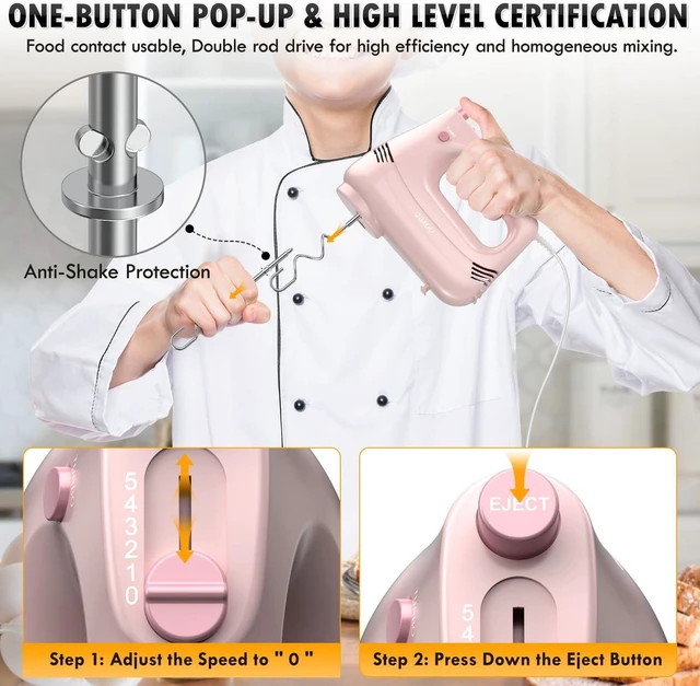 Alt view image 6 of 7 - Electric Hand Mixer with Stainless Steel Whisk, Dough Hook Attachment and Storage Bag, Handheld Mixer for Baking Cakes, Eggs, Cream Food Mixers. Turbo Boost /5 Speed Kitchen Blender PINK