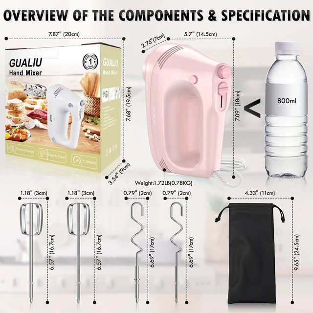 Alt view image 7 of 7 - Electric Hand Mixer with Stainless Steel Whisk, Dough Hook Attachment and Storage Bag, Handheld Mixer for Baking Cakes, Eggs, Cream Food Mixers. Turbo Boost /5 Speed Kitchen Blender PINK