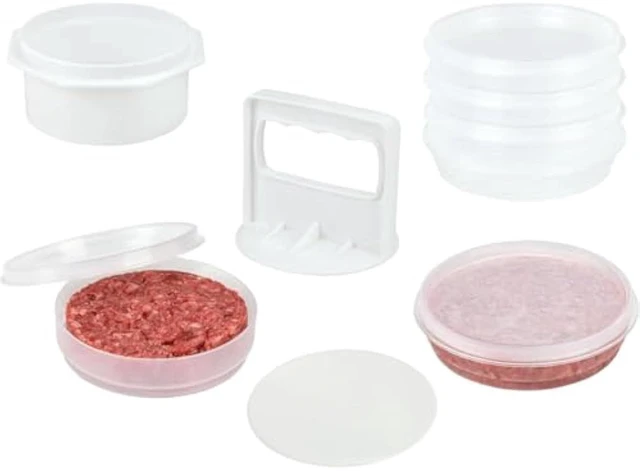 Main image of Hamburger Press Patty Maker - 4 in1, Burger Mold, Patty Press, 8 Storage Containers, 100 Round Papers - Hamburger Patty Maker Tool for BBQ - Burger Shaper for Meat, Veggie Patties