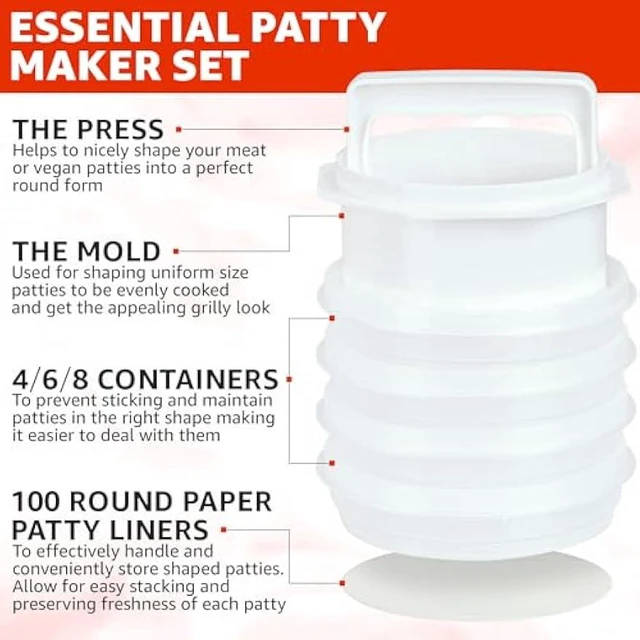 Alt view image 2 of 6 - Hamburger Press Patty Maker - 4 in1, Burger Mold, Patty Press, 8 Storage Containers, 100 Round Papers - Hamburger Patty Maker Tool for BBQ - Burger Shaper for Meat, Veggie Patties