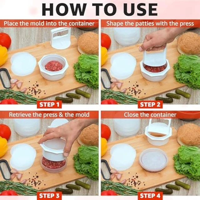 Alt view image 6 of 6 - Hamburger Press Patty Maker - 4 in1, Burger Mold, Patty Press, 8 Storage Containers, 100 Round Papers - Hamburger Patty Maker Tool for BBQ - Burger Shaper for Meat, Veggie Patties