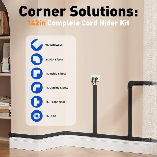 Alt view image 3 of 7 - CozyNestF Cord Hider, 142in Cable Hider Cord Covers for 2-3 Wires on Wall Wire Covers for Cords Wire Hiders for TV on Wall Easier Setup Cable Cover Cable Management W0.94 H0.47in Black