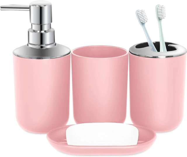 Main image of CozyNF Bathroom Accessories Set 4 PCS, Pink Bathroom Accessories Plastic Soap Dispenser and Toothbrush Holder Set Soap Dish and Mouthwash Cup Boho Bathroom Decor Bathroom Set Pink