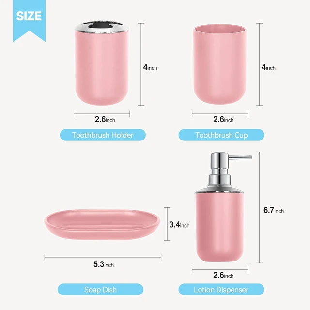 Alt view image 3 of 7 - CozyNF Bathroom Accessories Set 4 PCS, Pink Bathroom Accessories Plastic Soap Dispenser and Toothbrush Holder Set Soap Dish and Mouthwash Cup Boho Bathroom Decor Bathroom Set Pink