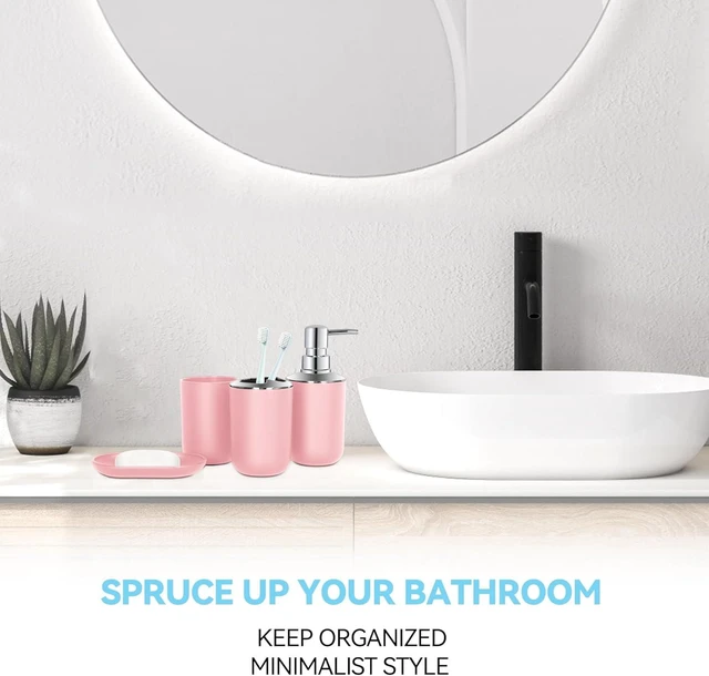 Alt view image 2 of 7 - CozyNF Bathroom Accessories Set 4 PCS, Pink Bathroom Accessories Plastic Soap Dispenser and Toothbrush Holder Set Soap Dish and Mouthwash Cup Boho Bathroom Decor Bathroom Set Pink