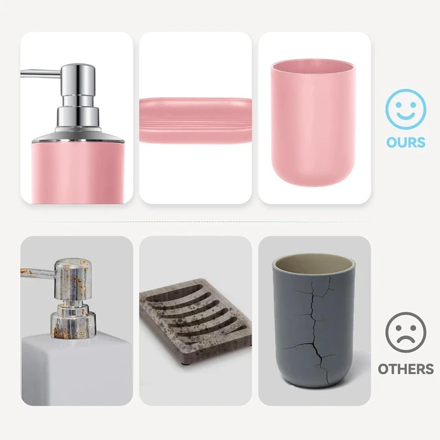 Alt view image 5 of 7 - CozyNF Bathroom Accessories Set 4 PCS, Pink Bathroom Accessories Plastic Soap Dispenser and Toothbrush Holder Set Soap Dish and Mouthwash Cup Boho Bathroom Decor Bathroom Set Pink
