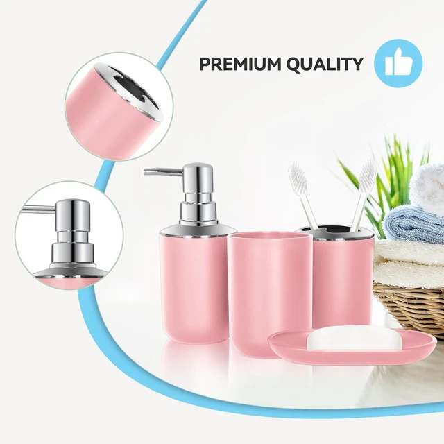 Alt view image 6 of 7 - CozyNF Bathroom Accessories Set 4 PCS, Pink Bathroom Accessories Plastic Soap Dispenser and Toothbrush Holder Set Soap Dish and Mouthwash Cup Boho Bathroom Decor Bathroom Set Pink