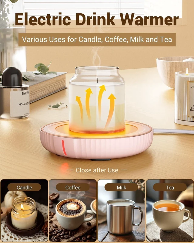 Alt view image 2 of 7 - KitchenKey Large Candle Warmer Plate - Coffee Cup Mug Warmer for Desk, Candle Melter, Electric Mug Heater for Beverages, Milk & Tea, Coffee Accessories Ideal Gifts Keep Cup Warm (Pink)