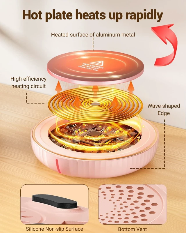 Alt view image 3 of 7 - KitchenKey Large Candle Warmer Plate - Coffee Cup Mug Warmer for Desk, Candle Melter, Electric Mug Heater for Beverages, Milk & Tea, Coffee Accessories Ideal Gifts Keep Cup Warm (Pink)