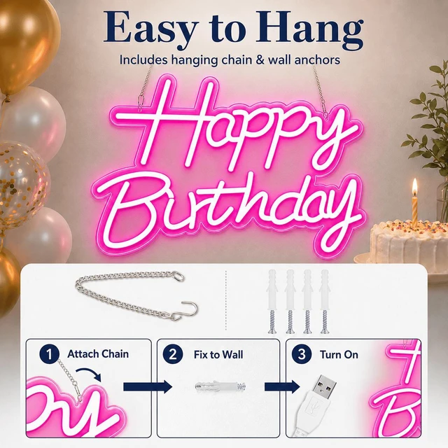 Alt view image 2 of 7 - C Happy Birthday Neon Sign for Backdrop, LED Happy Birthday Light Up Sign, USB Powered Dimmable Neon Light for Birthday Party Decorations, Wall Decor, Pink, 16.5 x 12 inch