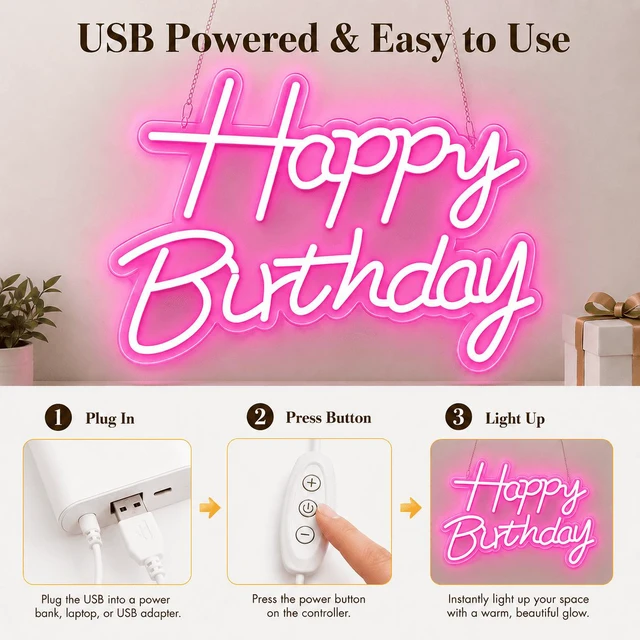 Alt view image 4 of 7 - C Happy Birthday Neon Sign for Backdrop, LED Happy Birthday Light Up Sign, USB Powered Dimmable Neon Light for Birthday Party Decorations, Wall Decor, Pink, 16.5 x 12 inch