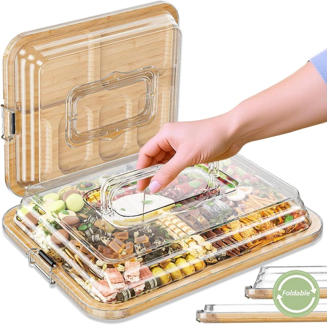 Main image of KitchenKey Charcuterie Boards with Foldable Lid,Portable Bamboo Cheese Board with 6 Compartments,Clear Locking Lid and Handle, Easy to Store, Suitable for Picnics,Camping,Parties & Housewarming Gifts