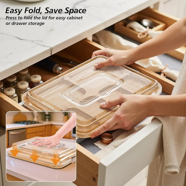 Alt view image 3 of 7 - KitchenKey Charcuterie Boards with Foldable Lid,Portable Bamboo Cheese Board with 6 Compartments,Clear Locking Lid and Handle, Easy to Store, Suitable for Picnics,Camping,Parties & Housewarming Gifts