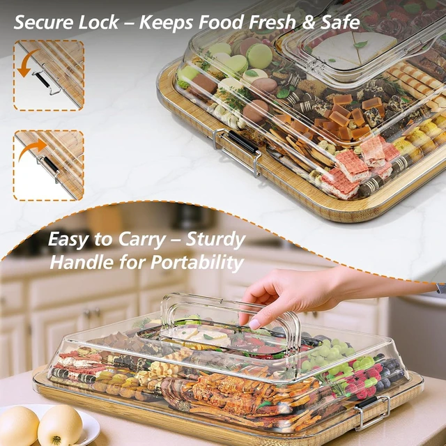 Alt view image 2 of 7 - KitchenKey Charcuterie Boards with Foldable Lid,Portable Bamboo Cheese Board with 6 Compartments,Clear Locking Lid and Handle, Easy to Store, Suitable for Picnics,Camping,Parties & Housewarming Gifts