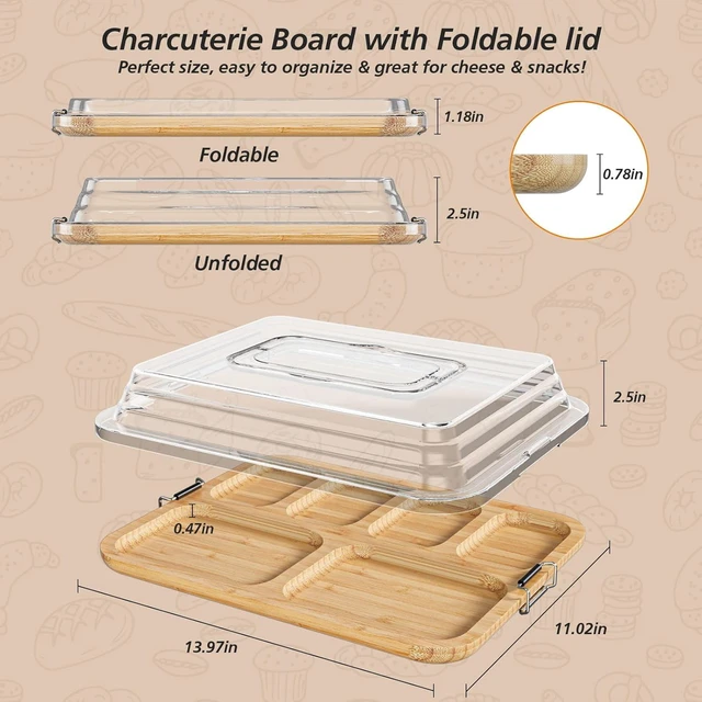 Alt view image 4 of 7 - KitchenKey Charcuterie Boards with Foldable Lid,Portable Bamboo Cheese Board with 6 Compartments,Clear Locking Lid and Handle, Easy to Store, Suitable for Picnics,Camping,Parties & Housewarming Gifts
