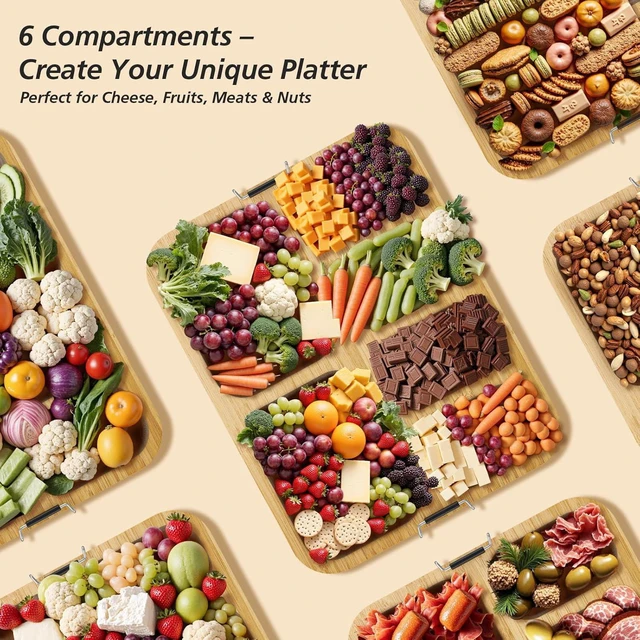 Alt view image 6 of 7 - KitchenKey Charcuterie Boards with Foldable Lid,Portable Bamboo Cheese Board with 6 Compartments,Clear Locking Lid and Handle, Easy to Store, Suitable for Picnics,Camping,Parties & Housewarming Gifts