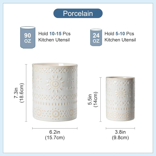 Alt view image 2 of 7 - KitchenKey Utensil Holder, 7.2"+5.4" Ceramic Utensil Holder for Countertop, Large Cooking Utensil Crocks for Kitchen Counter, Farmhouse Utensil Vase for Housewarming, Kitchen Decor, Set of 2, Oasis