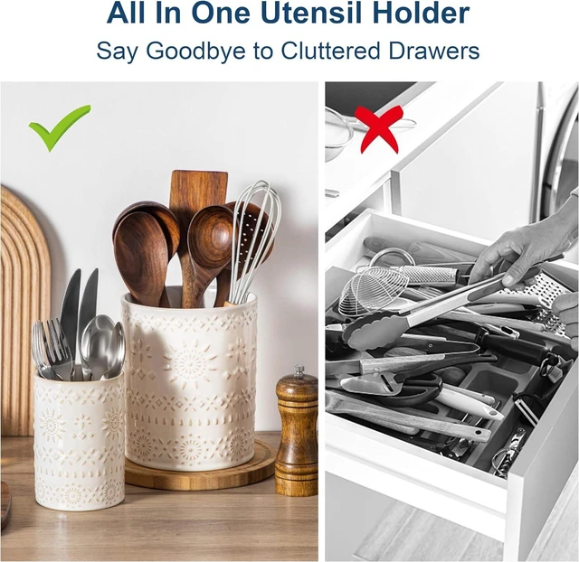 Alt view image 3 of 7 - KitchenKey Utensil Holder, 7.2"+5.4" Ceramic Utensil Holder for Countertop, Large Cooking Utensil Crocks for Kitchen Counter, Farmhouse Utensil Vase for Housewarming, Kitchen Decor, Set of 2, Oasis