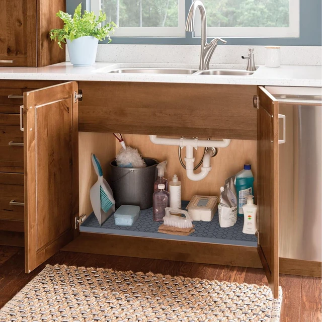 Alt view image 4 of 7 - CozyNestFinds Under Sink Mat, 19"x22" Under Sink Mats for Kitchen, Silicone Waterproof Under Sink Liner, Sink Cabinet Organizer Tray with Drain Hole (Gray, 19X22)