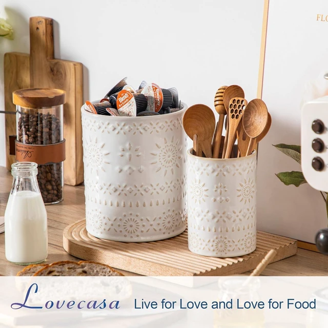 Alt view image 4 of 7 - KitchenKey Utensil Holder, 7.2"+5.4" Ceramic Utensil Holder for Countertop, Large Cooking Utensil Crocks for Kitchen Counter, Farmhouse Utensil Vase for Housewarming, Kitchen Decor, Set of 2, Oasis