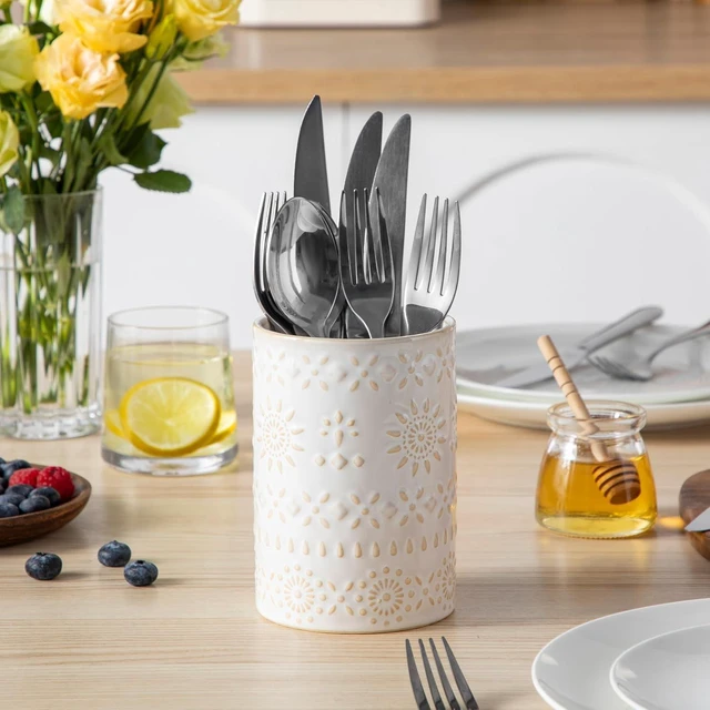 Alt view image 7 of 7 - KitchenKey Utensil Holder, 7.2"+5.4" Ceramic Utensil Holder for Countertop, Large Cooking Utensil Crocks for Kitchen Counter, Farmhouse Utensil Vase for Housewarming, Kitchen Decor, Set of 2, Oasis
