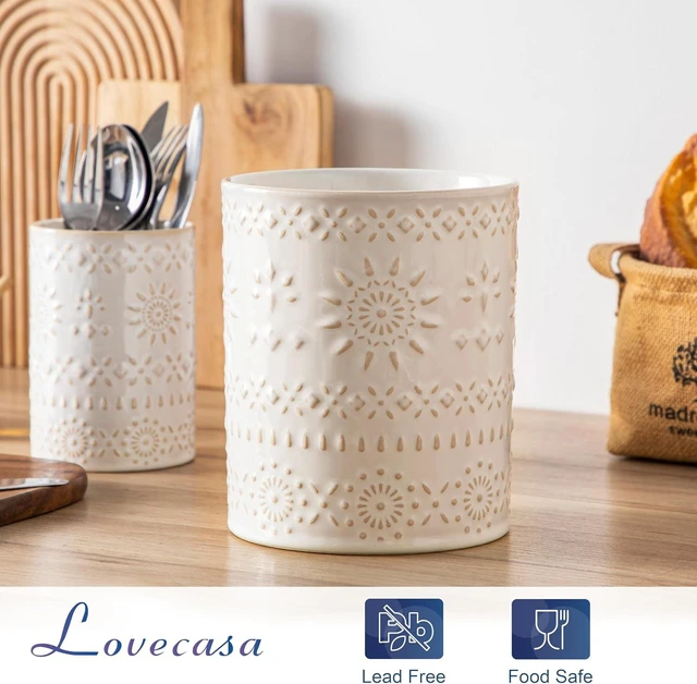 Alt view image 5 of 7 - KitchenKey Utensil Holder, 7.2"+5.4" Ceramic Utensil Holder for Countertop, Large Cooking Utensil Crocks for Kitchen Counter, Farmhouse Utensil Vase for Housewarming, Kitchen Decor, Set of 2, Oasis