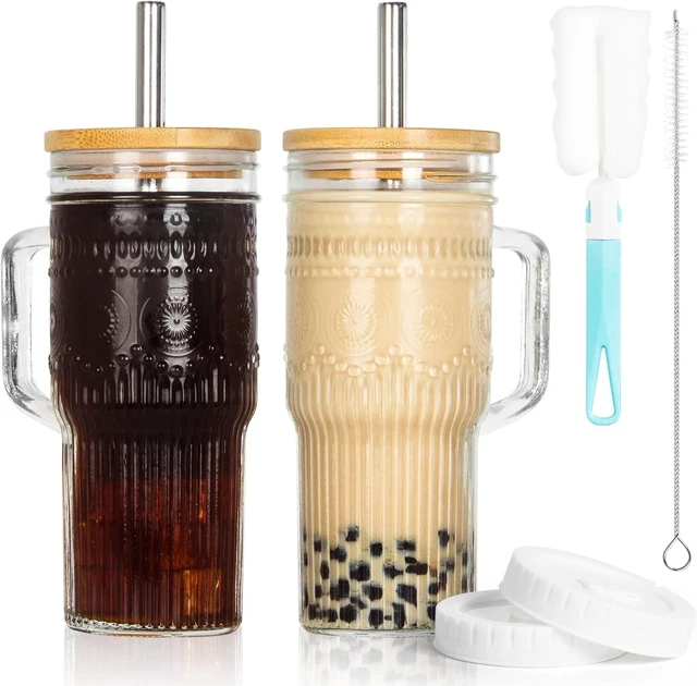 Main image of Glass Cups with Bamboo Lids and Straws, 22oz Glass Tumbler with Handle, Stainless Steel Straws & Cleaning Brushes Boho Pattern Iced Coffee Cup for Smoothies, Tea, and Gifts, Set of 2