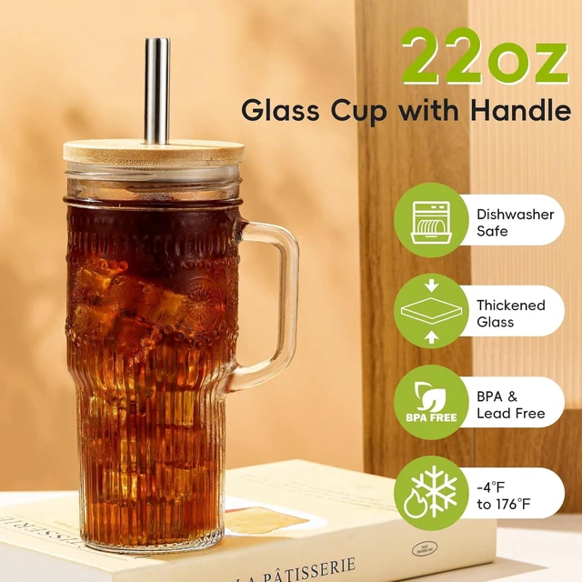 Alt view image 3 of 7 - Glass Cups with Bamboo Lids and Straws, 22oz Glass Tumbler with Handle, Stainless Steel Straws & Cleaning Brushes Boho Pattern Iced Coffee Cup for Smoothies, Tea, and Gifts, Set of 2