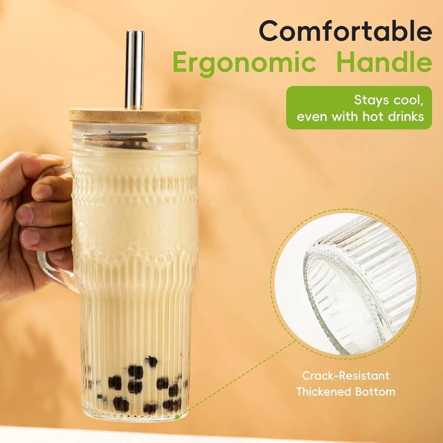Alt view image 4 of 7 - Glass Cups with Bamboo Lids and Straws, 22oz Glass Tumbler with Handle, Stainless Steel Straws & Cleaning Brushes Boho Pattern Iced Coffee Cup for Smoothies, Tea, and Gifts, Set of 2
