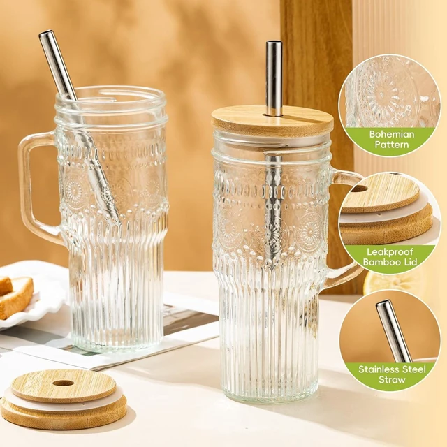 Alt view image 2 of 7 - Glass Cups with Bamboo Lids and Straws, 22oz Glass Tumbler with Handle, Stainless Steel Straws & Cleaning Brushes Boho Pattern Iced Coffee Cup for Smoothies, Tea, and Gifts, Set of 2