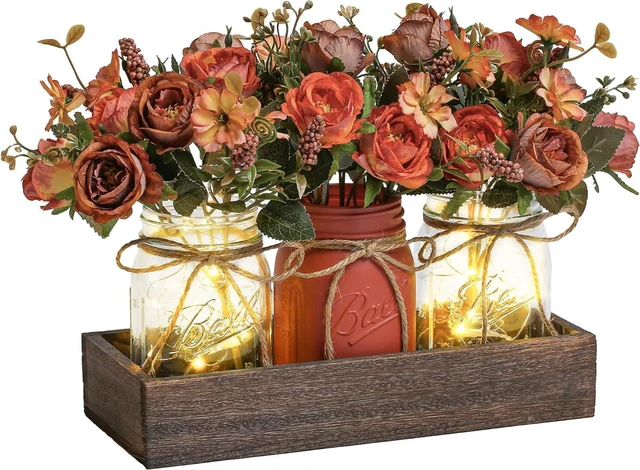 Main image of 3 Pcs Table Decorations for Dining Table Decor Farmhouse Coffee Table Decor with Wood Tray and Led Light Table Centerpieces for Dining room Kitchen Living Bathroom,Orange