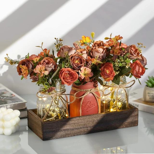 Alt view image 2 of 6 - 3 Pcs Table Decorations for Dining Table Decor Farmhouse Coffee Table Decor with Wood Tray and Led Light Table Centerpieces for Dining room Kitchen Living Bathroom,Orange