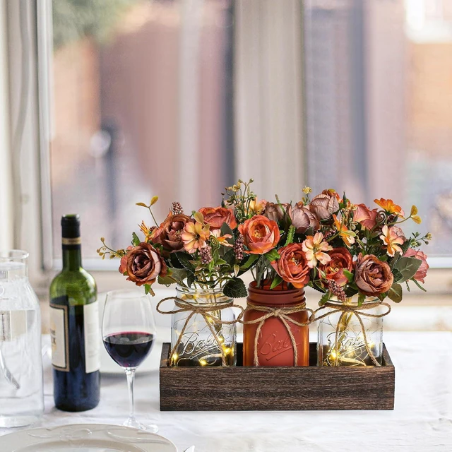 Alt view image 4 of 6 - 3 Pcs Table Decorations for Dining Table Decor Farmhouse Coffee Table Decor with Wood Tray and Led Light Table Centerpieces for Dining room Kitchen Living Bathroom,Orange