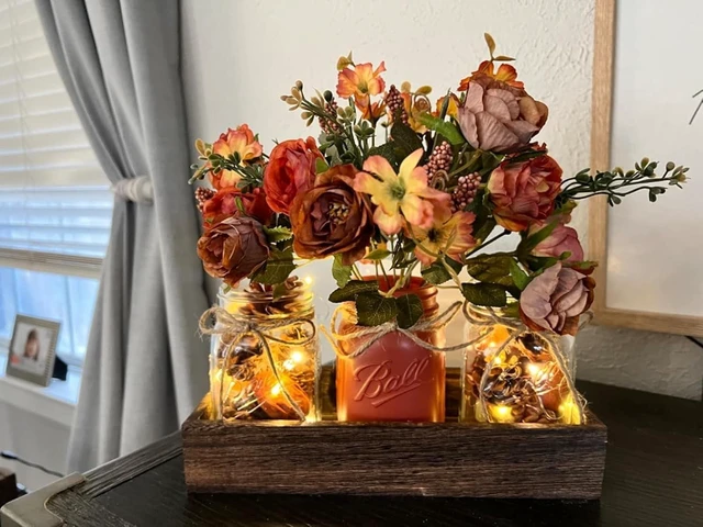Alt view image 5 of 6 - 3 Pcs Table Decorations for Dining Table Decor Farmhouse Coffee Table Decor with Wood Tray and Led Light Table Centerpieces for Dining room Kitchen Living Bathroom,Orange