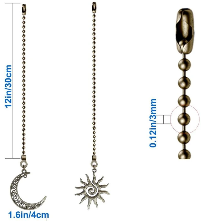 Alt view image 2 of 6 - 4 Pack Ceiling Fan Pull Chain, Sun and Moon Pull-chain Extension, 12 Inches Celestial Decor Beads Ball Chain Extender with Connectors for Ceiling Fans/Light Lamp (Bronze)