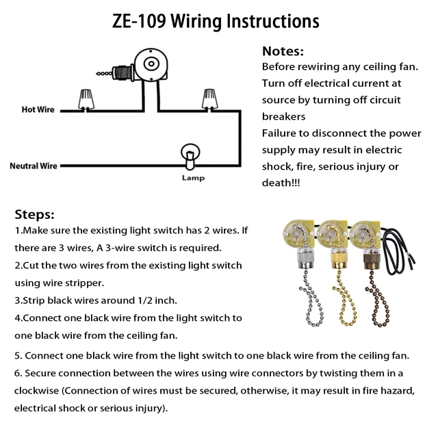 Alt view image 6 of 6 - Ceiling Fan Light Switch Zing Ear ZE-109 Two-Wire With Pull Cords for Fans, Lamps and Wall Lights - Pull Chain Control Replacement On-Off, 2 Pcs Bronze