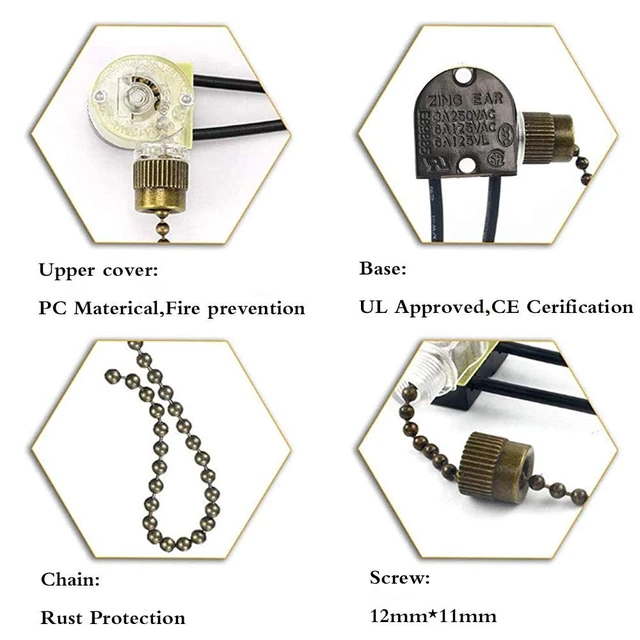 Alt view image 7 of 7 - Ceiling Fan Light Switch Zing Ear ZE-109,Two-wire On-Off Control Pull Chain Switch Compatible with Hunter Ceiling Fans Wall Lamps (Bronze Pull Chain) 3 Pcs